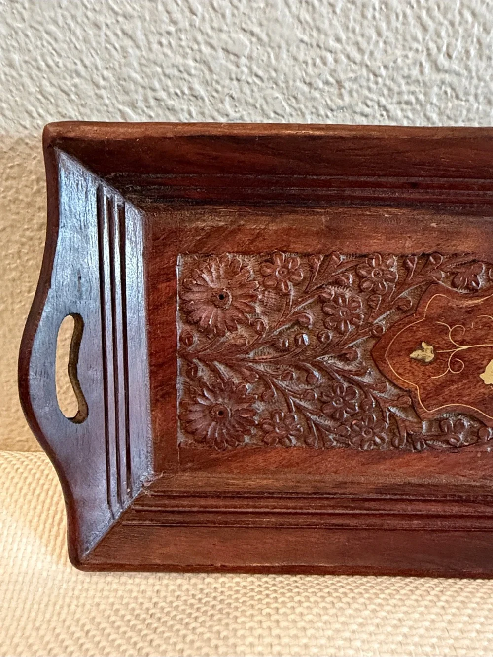 Vintage Indian Hand Carved Wooden Serving Tray w/ Inlay 15.5